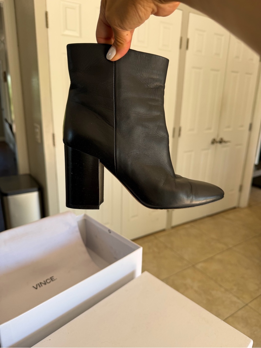 Vince Black Leather Mid-Calf Block Heel Booties - Picture 3 of 7
